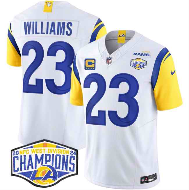Men's Los Angeles Rams #23 Kyren Williams White 2024 NFC West Champions With 4-Star C Patch F.U.S.E. Vapor Untouchable Stitched Football Jersey